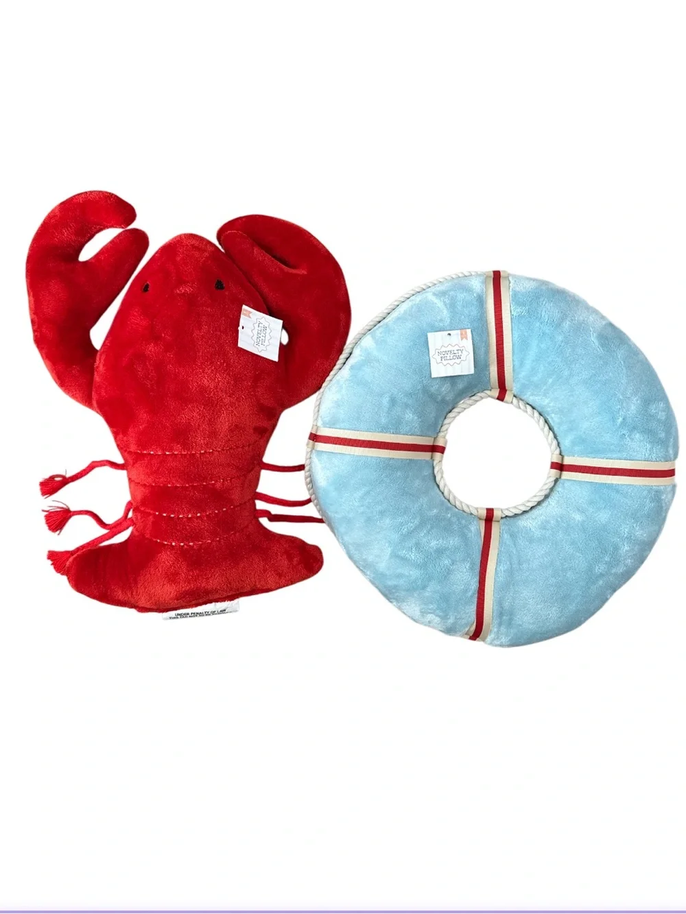 Cute Nautical Lobster & Life Preserver Plush Pillows - Coastal Decor Set